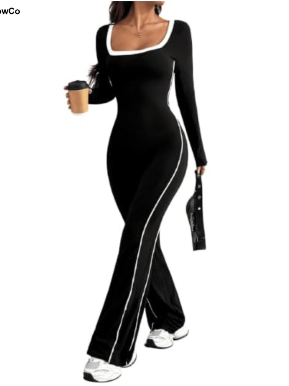 Women's Workout Jumpsuit Square Neck Side Pocket Long Sleeve Flared Bodysuit